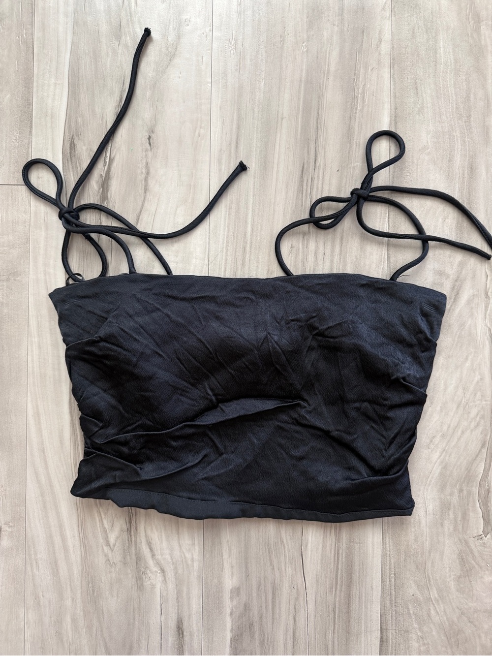 Zara Black Satin Ruched Tie Strap Smocked Back Party Crop Top Women’s Size Small